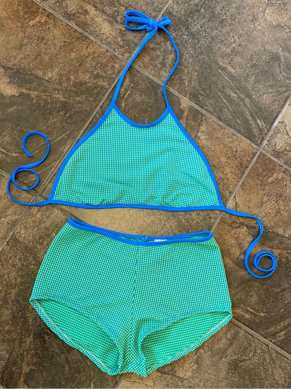 Vintage Green and Blue Two-Piece Halter Swim Bikini
